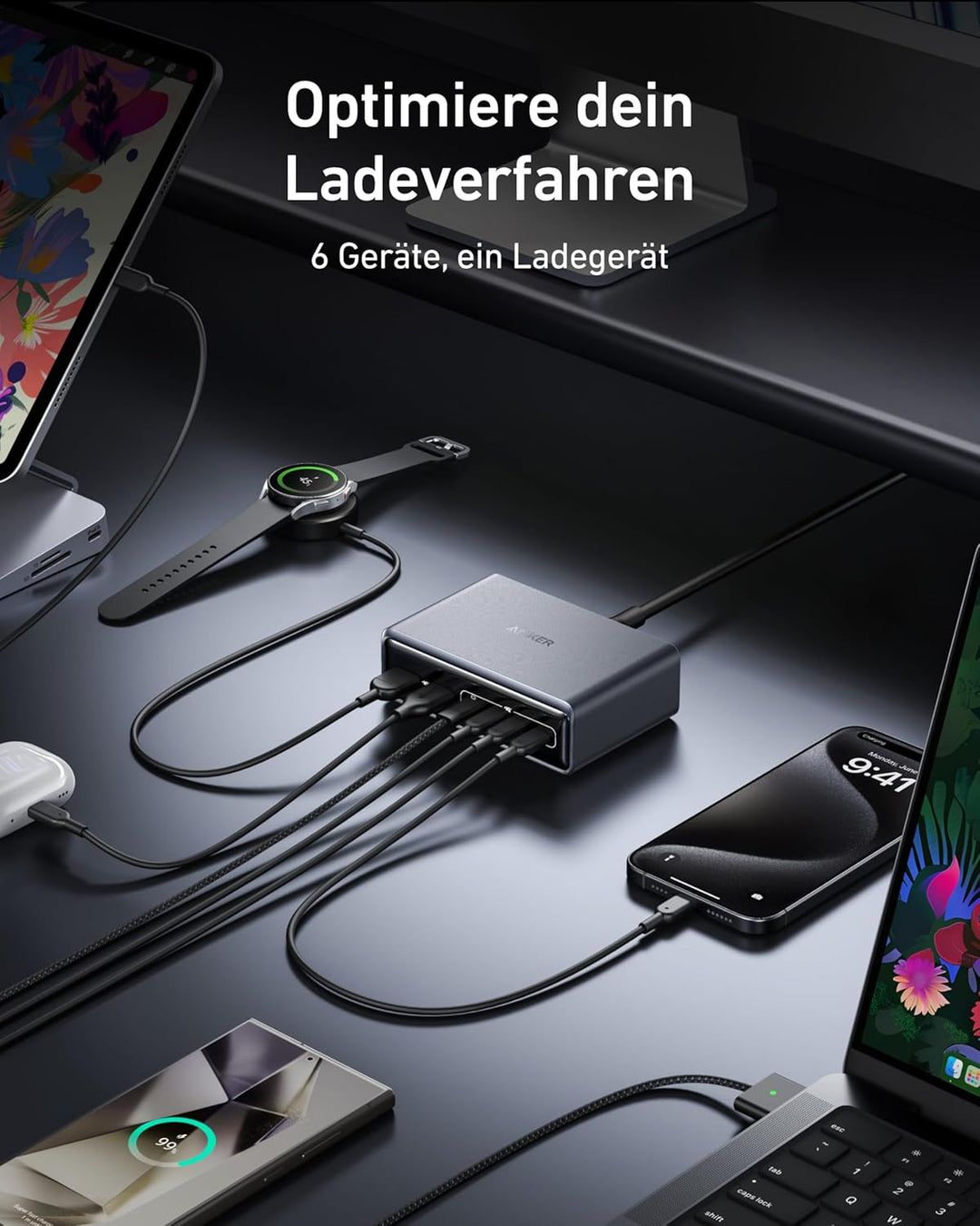 Anker Prime Ladegerät, 200W 6 Anschlüsse GaN Ladestation, USB-C PD Desktop Ladegerät mit Schnell-Lad