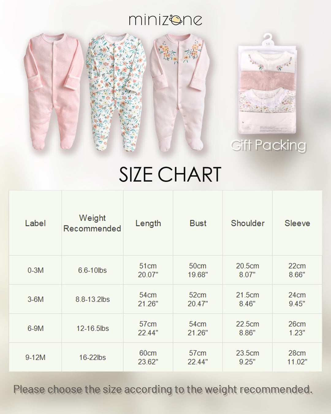 Minizone Baby Schlafanzug Pack of 3, Strampler Langarm Pyjamas Schlafstrampler 3-6 Monate 3-6 Monate