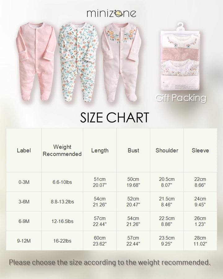 Minizone Baby Schlafanzug Pack of 3, Strampler Langarm Pyjamas Schlafstrampler 3-6 Monate 3-6 Monate