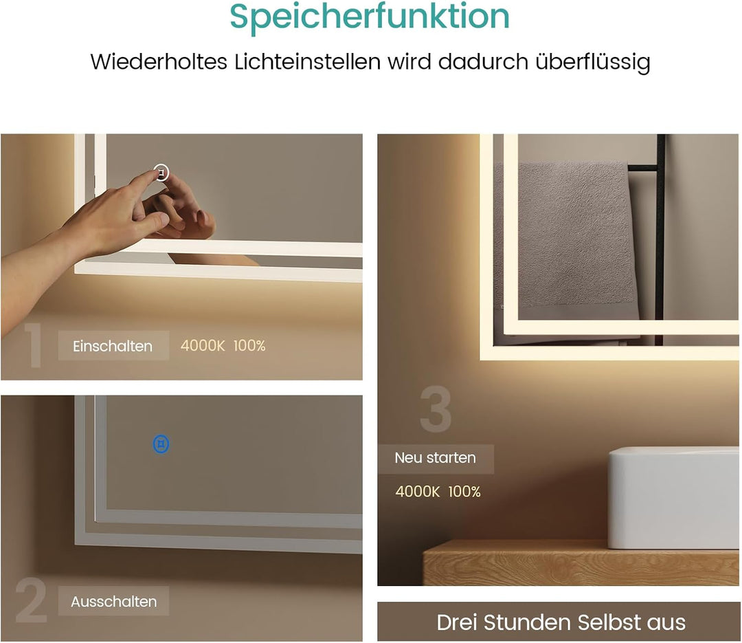 EMKE Badspiegel mit Beleuchtung 80x60cm, Badezimmerspiegel mit 3 Lichtfarben dimmbar, Antibeschlag,