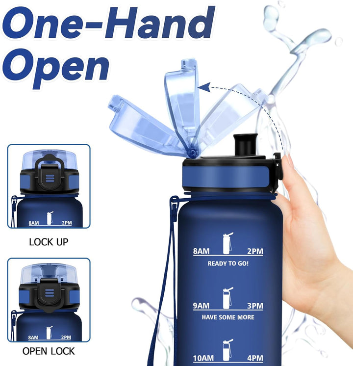 Sportflasche 1L, Auslaufsicher Wasserflasche Kohlensäure Geeignet, Trinkflasche mit Zeitmarkierung,