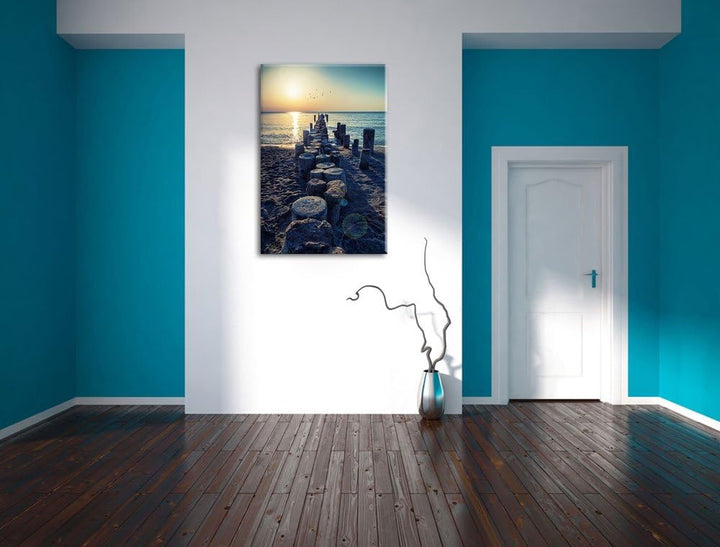 Baumstümpfe am Meer Format: 100x70 auf Leinwand, XXL riesige Bilder fertig gerahmt mit Keilrahmen, K
