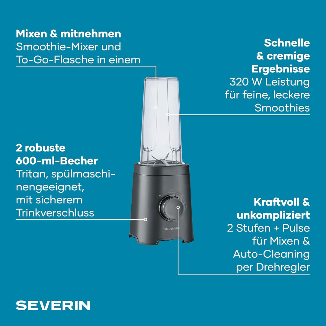 Severin Mixer & Smoothie Maker, Mix & Go, 2 Trinkbehälter á 600ml, spülmaschinengeeignet, Standmixer