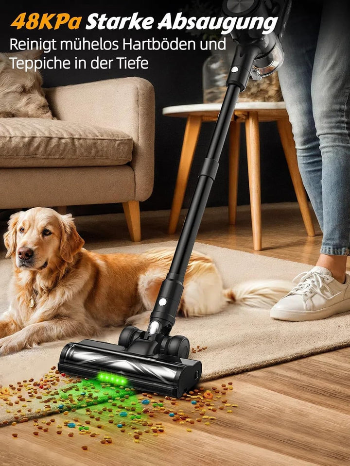 Akku Staubsauger 48KPa/500W/55Mins, Staubsauger Kabellos mit Wandmontierte Ladestation, Selbststehen