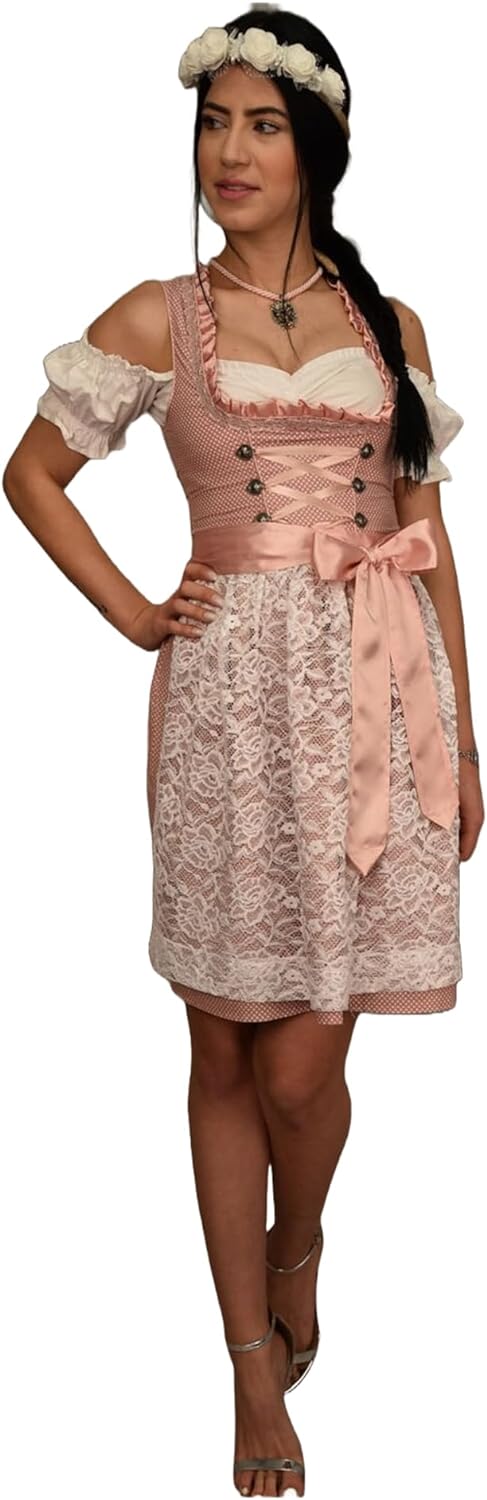 Golden Trachten Dirndl Set Trachtenkleid Rosa mit Weiss gepunktet Gr 34 bis 42 518GT (34)