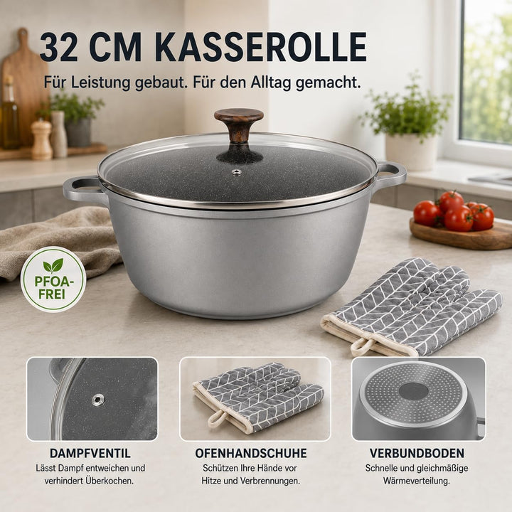 Royal Swiss® Kochtopf aus Aluminiumguss, Ø 32 cm - 9.5 Liter Gussaluminium mit Marmor-Antihaftbeschi