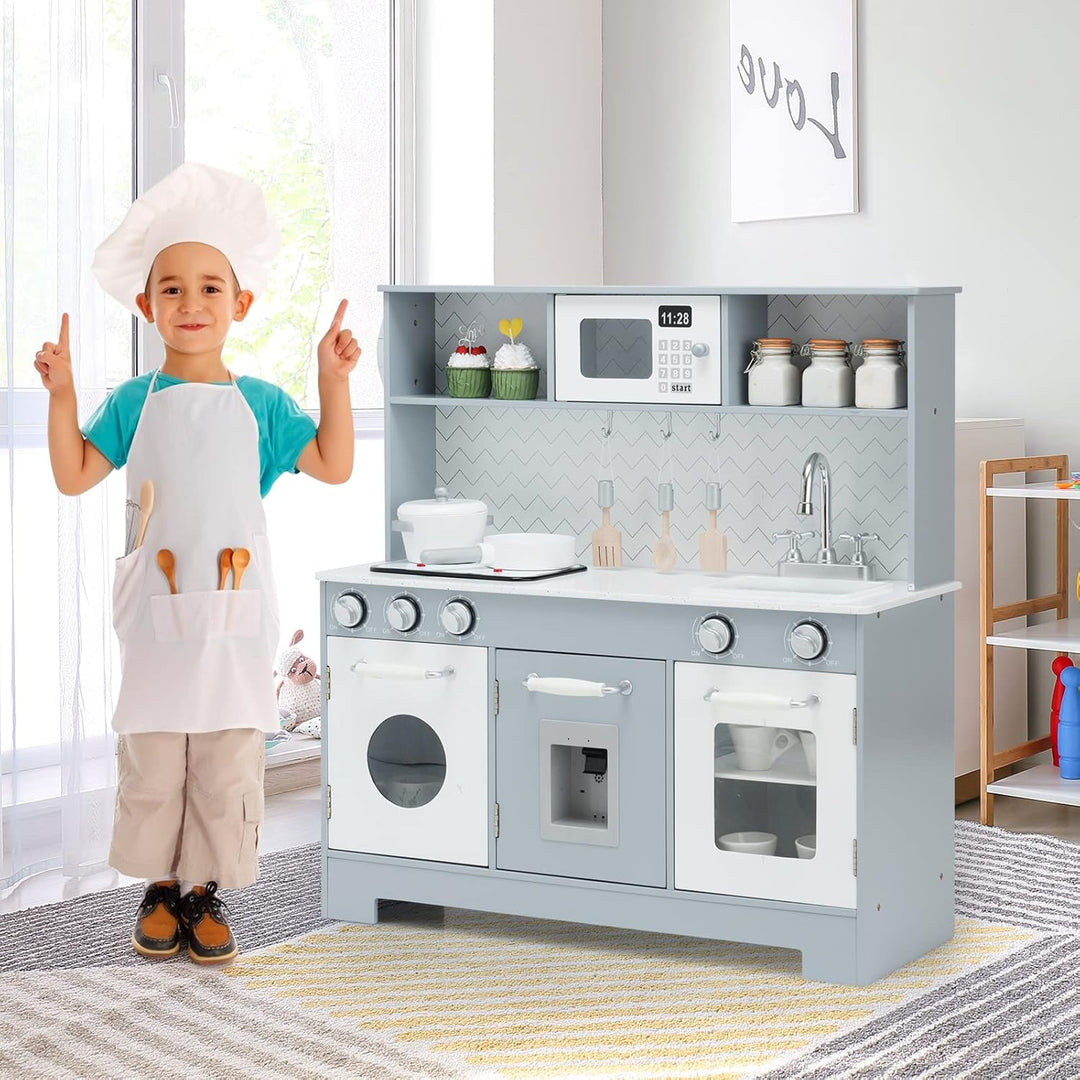 COSTWAY Kinderküche mit Spielzubehör, Licht und Sound, Kinder Spielküche Holz mit Mikrowelle & Wasse