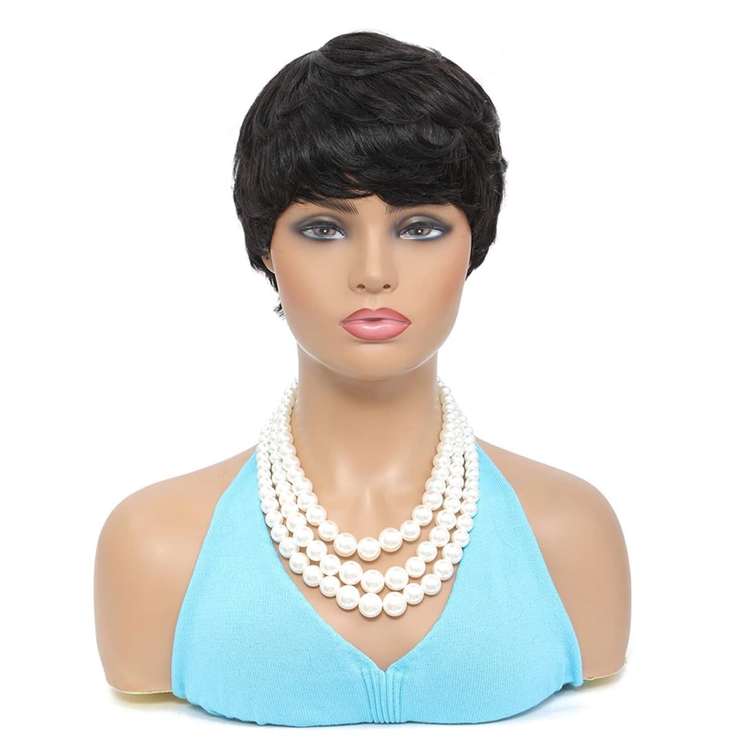 Echthaarperücke Kurzer Pixie-Cut Schwarzer Bob Perücken für Frauen Kleberlos geschichtet Keine Lace