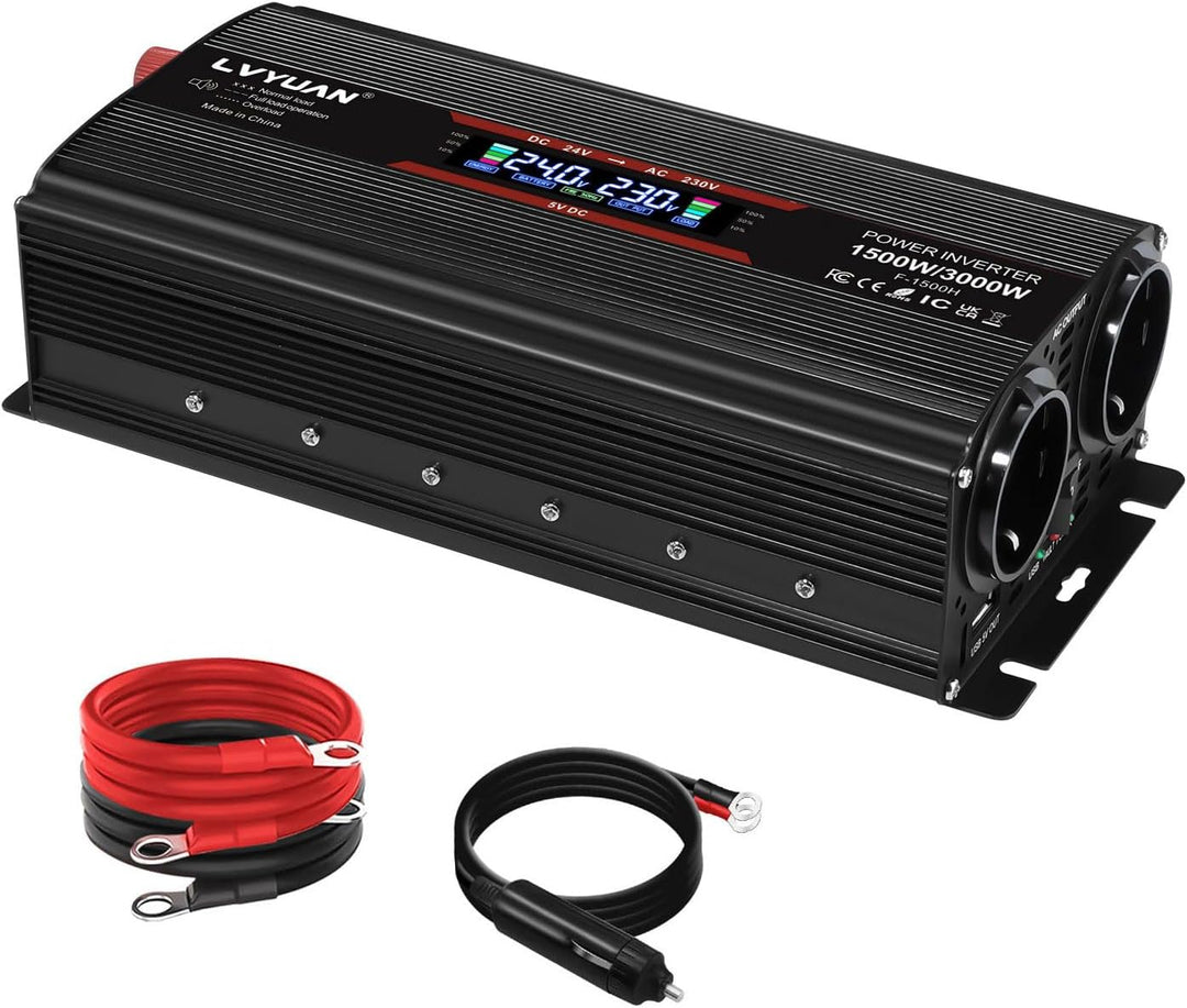 LVYUAN Spannungswandler 24V 230V 1500W/ 3000W Wechselrichter Stromwandler mit LCD Bildschirm, 2 EU S