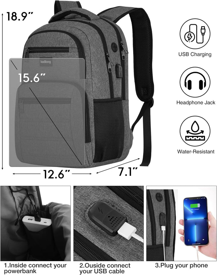 kadilong Rucksack Herren Laptoptasche mit USB Ladeanschluss für Arbeit Business Reisen Schulrucksack