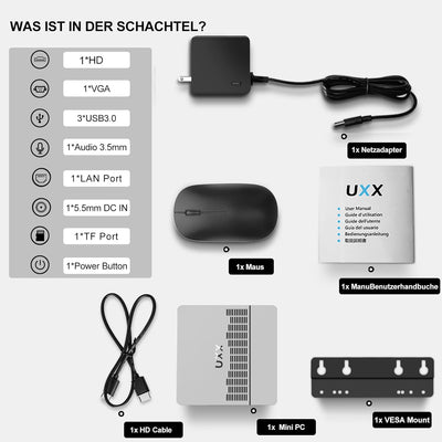 UXX Mini PC Unterstützung 512GB M.2 SSD Erweiterung, N3350 Micro Desktop Computer 64GB eMMC, Gaming