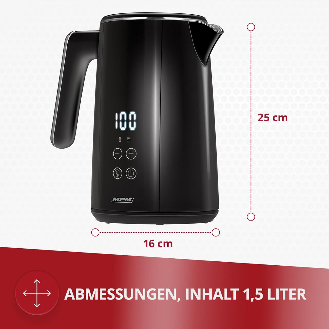 MPM MCZ-120/C Wasserkocher 1,5L mit Doppelwand-Design, Temperaturregelung 40-100°C, Edelstahl-Innenb