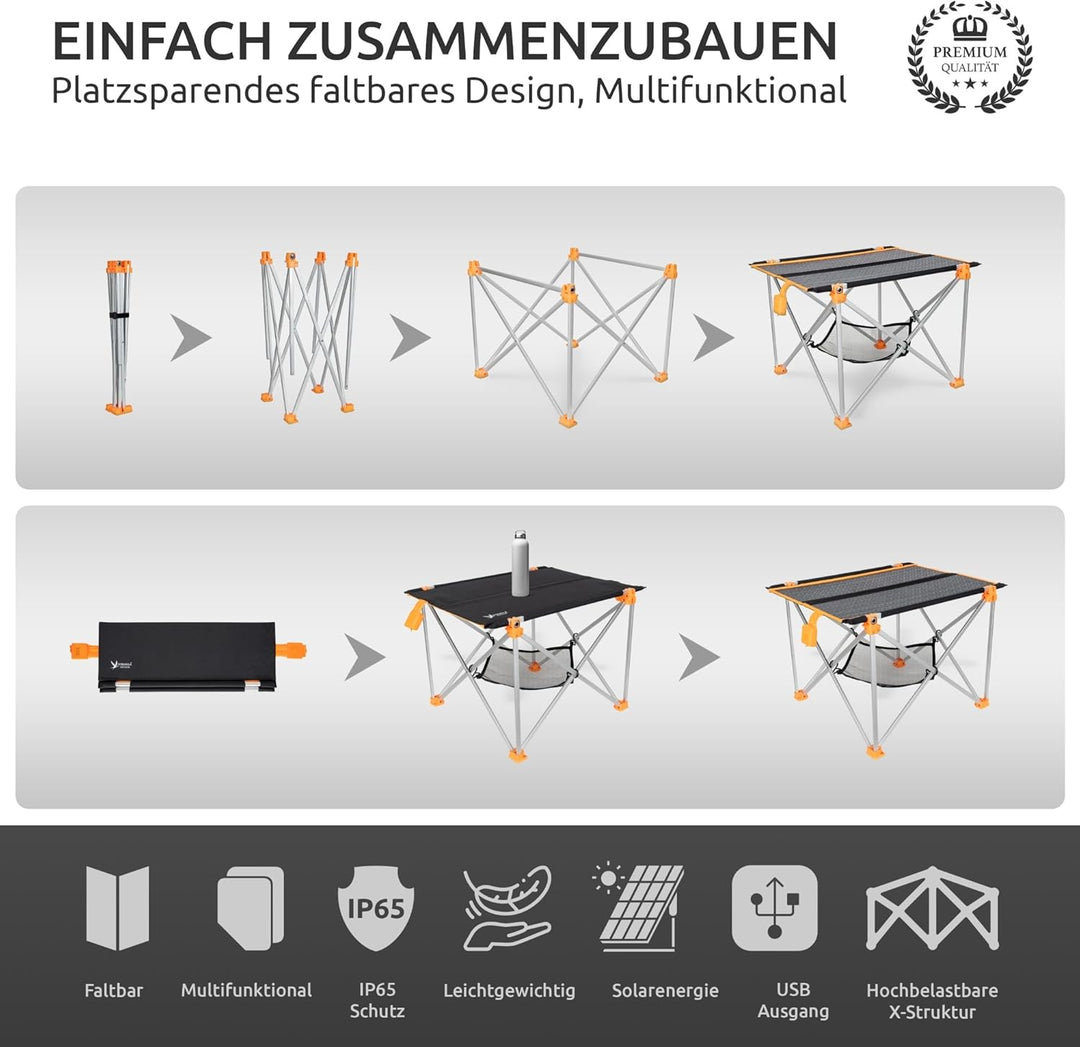 Solar Campingtisch faltbar klein leicht I 33W Solarpanel USB und Klapptisch I Outdoor Ausrüstung Ult