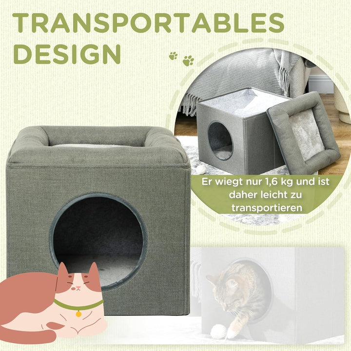 PawHut Katzenhöhle Katzenbett mit waschbarem Kissen, Beobachtungsplattform, Katzenhaus für Katzen bi