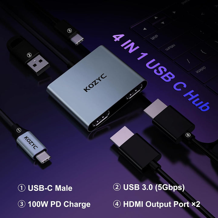 USB C to Dual HDMI Adapter, KOZYC USB C Hub Multiport Adapter mit 2 HDMI 4K, USB 3.0, 100W PD, Unter