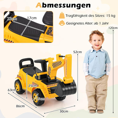 COSTWAY Sitzbagger, Kinderbagger mit Verstellbarer Schaufel & Stauraum unter Sitz, Aufsitzbagger mit