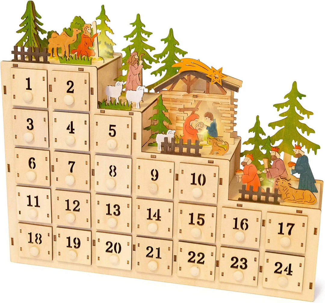 small foot 11392 Adventskalender Weihnachtskrippe, aus Holz, mit Beleuchtung Dekoration, Mehrfarbig,