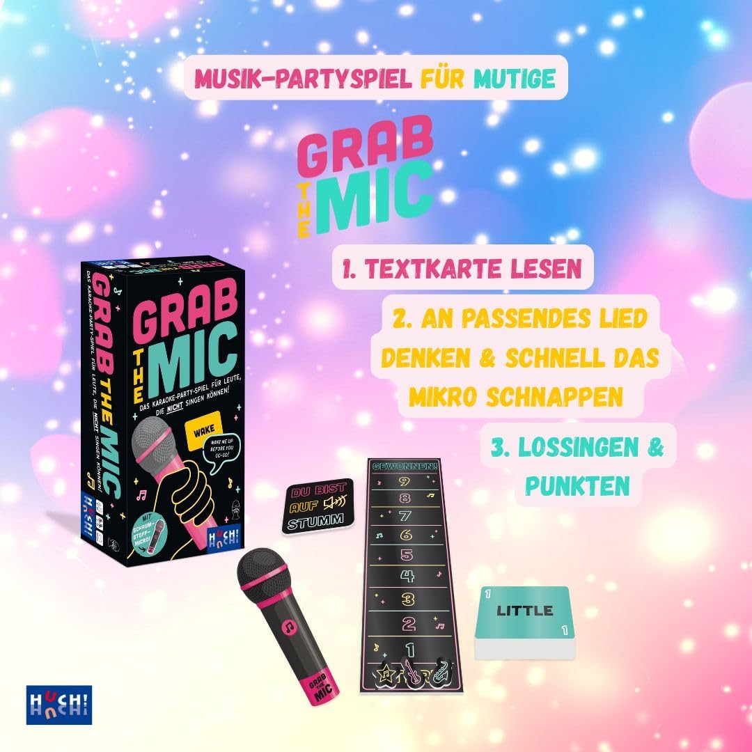 HUCH!, Grab The Mic Spiel Deutsch, Karaoke Spiel mit lustigen Songtext-Challenges, Partyspiele lusti