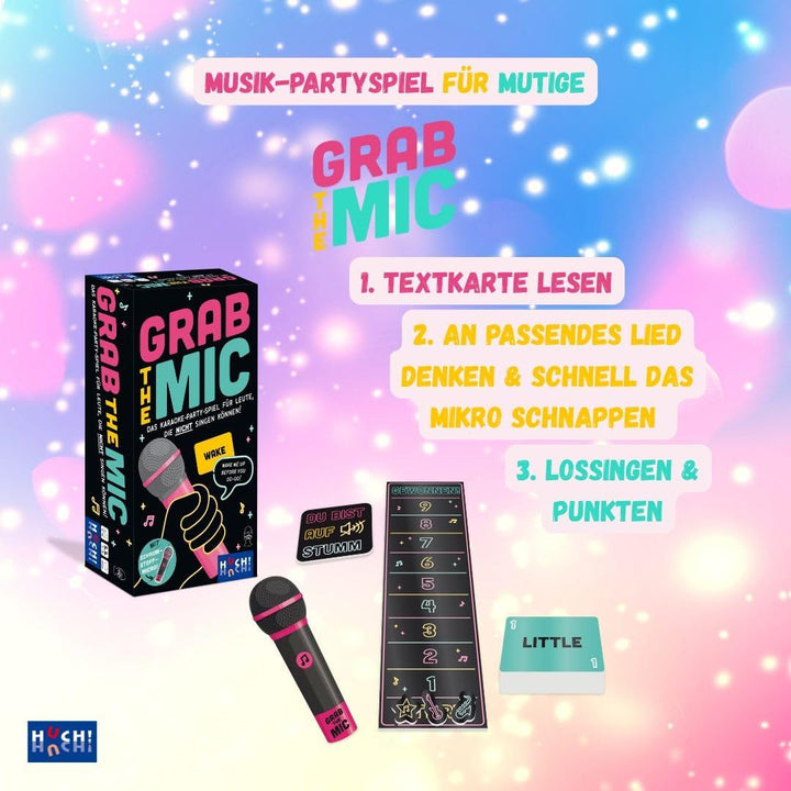 HUCH!, Grab The Mic Spiel Deutsch, Karaoke Spiel mit lustigen Songtext-Challenges, Partyspiele lusti