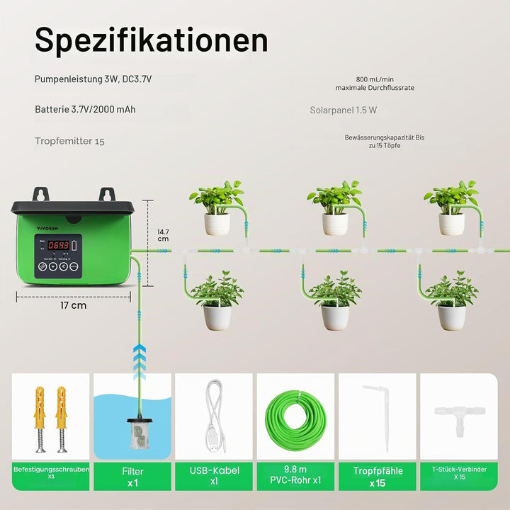 VIVOSUN Solar Automatische Tropfbewässerung Set mit Zeituhr, 3W Ausgang, Solarbetriebenes Bewässerun