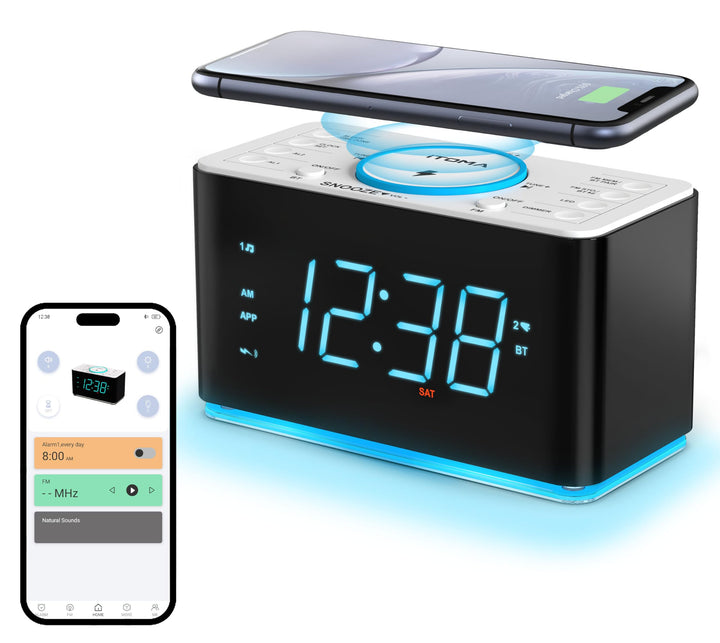 iTOMA Radiowecker, 15 Watt kabellose Ladegerät, APP-Steuerung, Bluetooth, USB-Anschluss, Dual-Alarm,