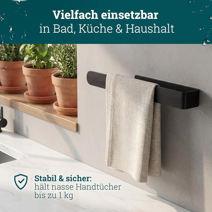 husman® Handtuchhalter ohne Bohren | Edelstahl Matt Schwarz 37 cm | Handtuchstange zum Kleben für Ba