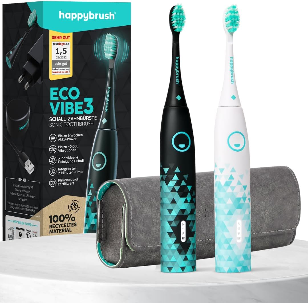 happybrush® Elektrische Schall-Zahnbürste Eco VIBE 3 im Doppelpack - Nachhaltige Zahnbürste mit 6 Wo