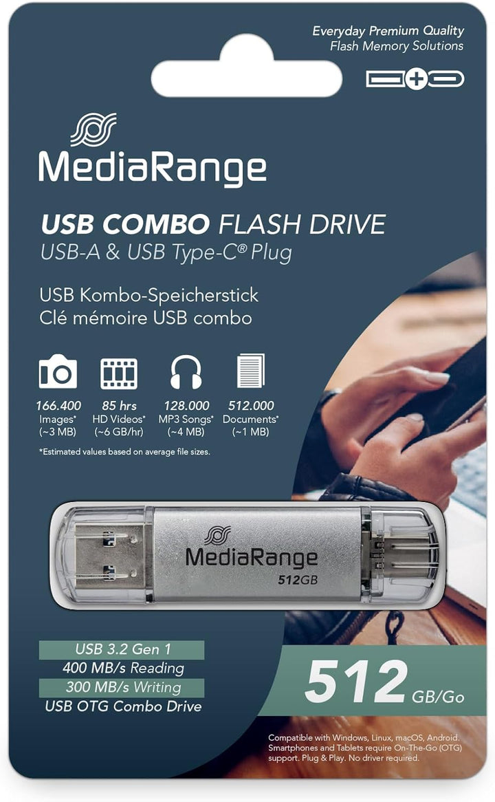 MediaRange USB 3.2 Gen 1 Kombo Flash-Laufwerk mit USB-A und USB-C, mit Schutzkappen, Silber, 512GB