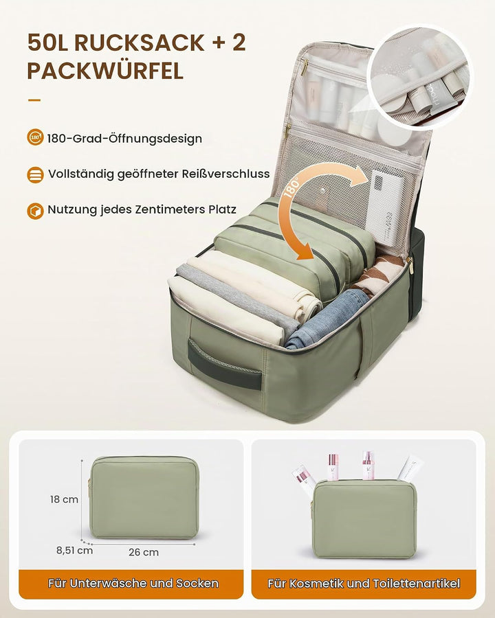 LOVEVOOK Handgepäck Reiserucksack mit separatem Schuhfach, 50L Rucksack Damen Gross mit Nass- und Tr