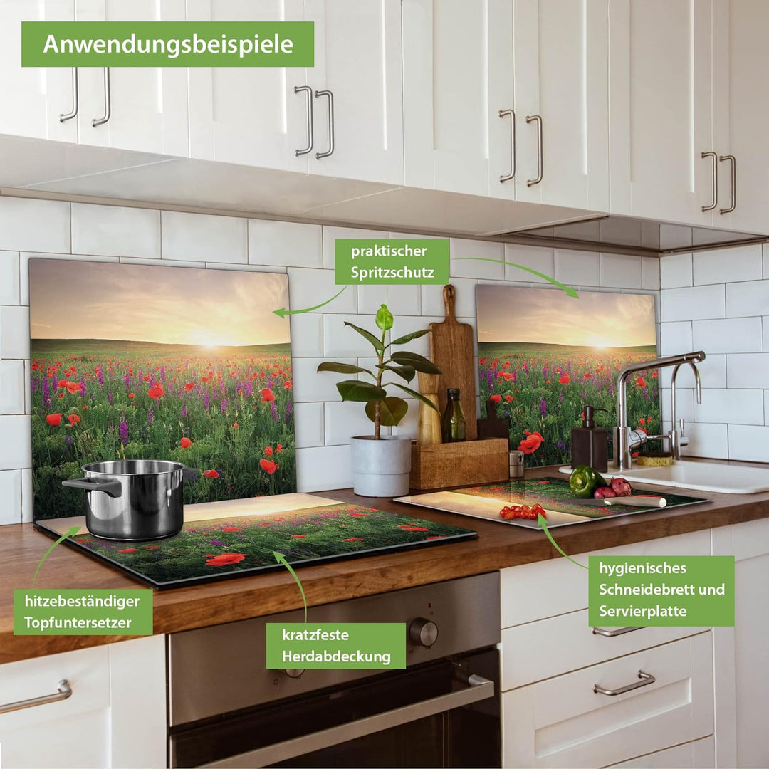banjado® Herdabdeckplatte Glas 1-teilig 60x52 cm/Schneidebrett Herdabdeckung mit Motiv Sommerfeld/He