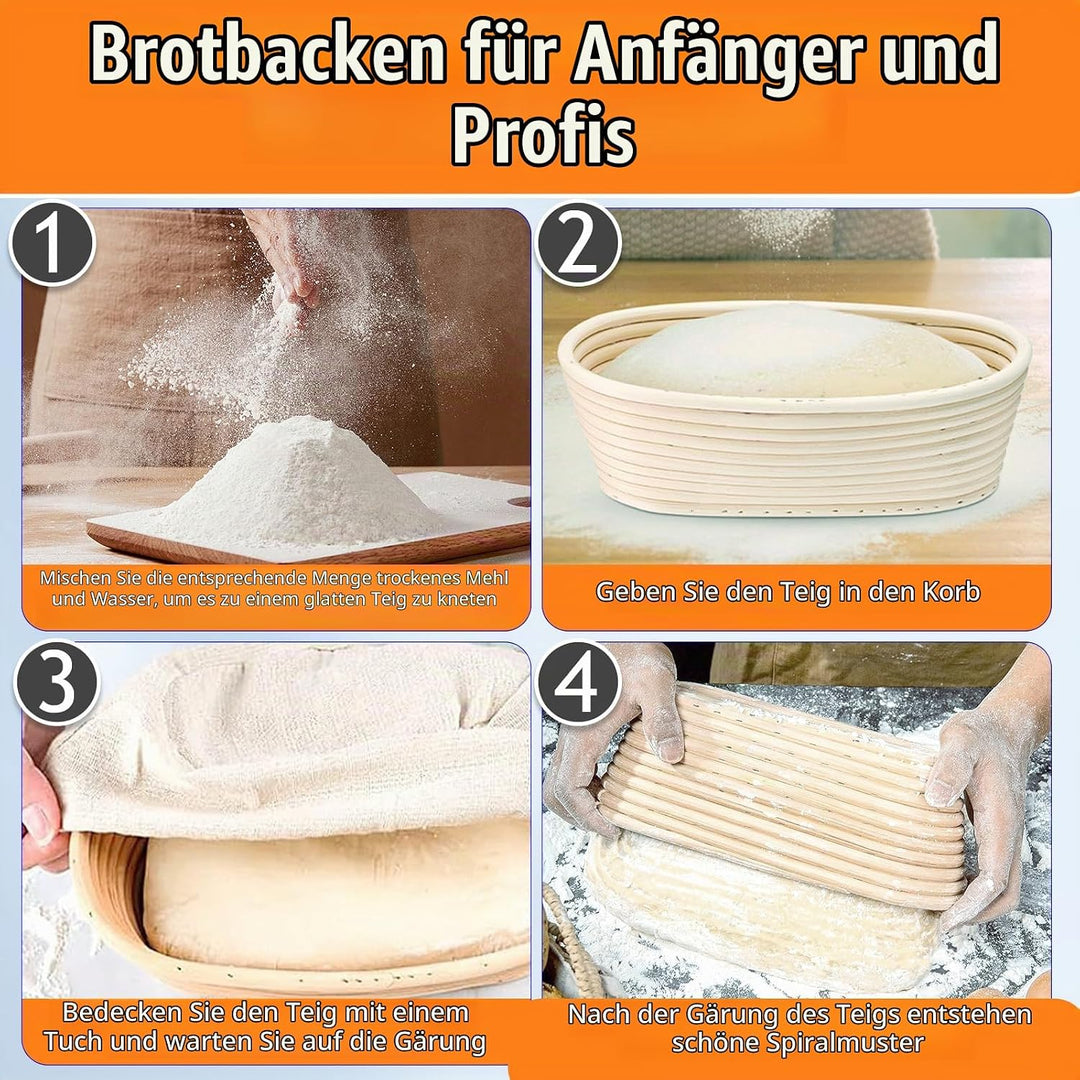 2 Stück Oval Gärkörbchen Set mit Leinenstoff Einlage, 25 x 15 x 8cm Brotbacken Gärkorb, Natürlichem