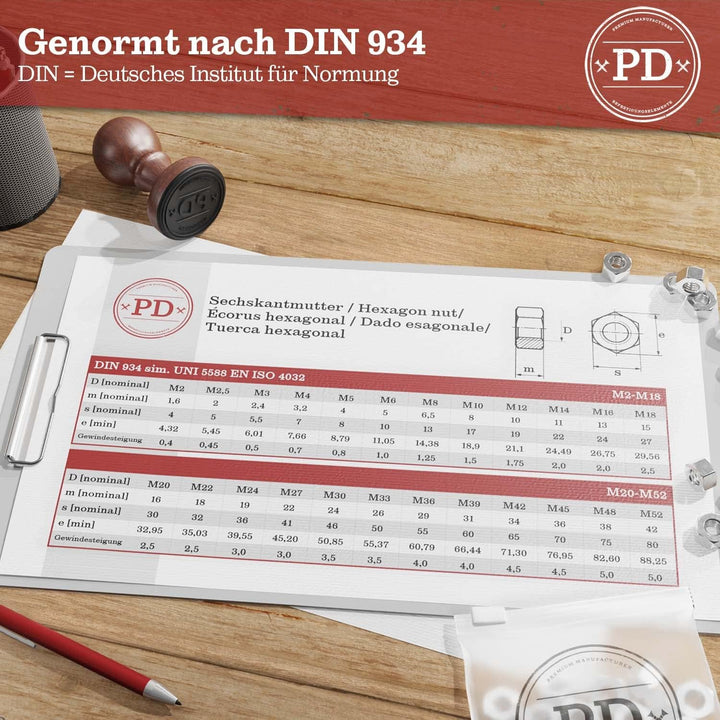 PD® Muttern M36 (DIN 934 / ISO 4032) | Hochwertige A2 V2A Edelstahl Sechskantmuttern | Hex Nut Edels