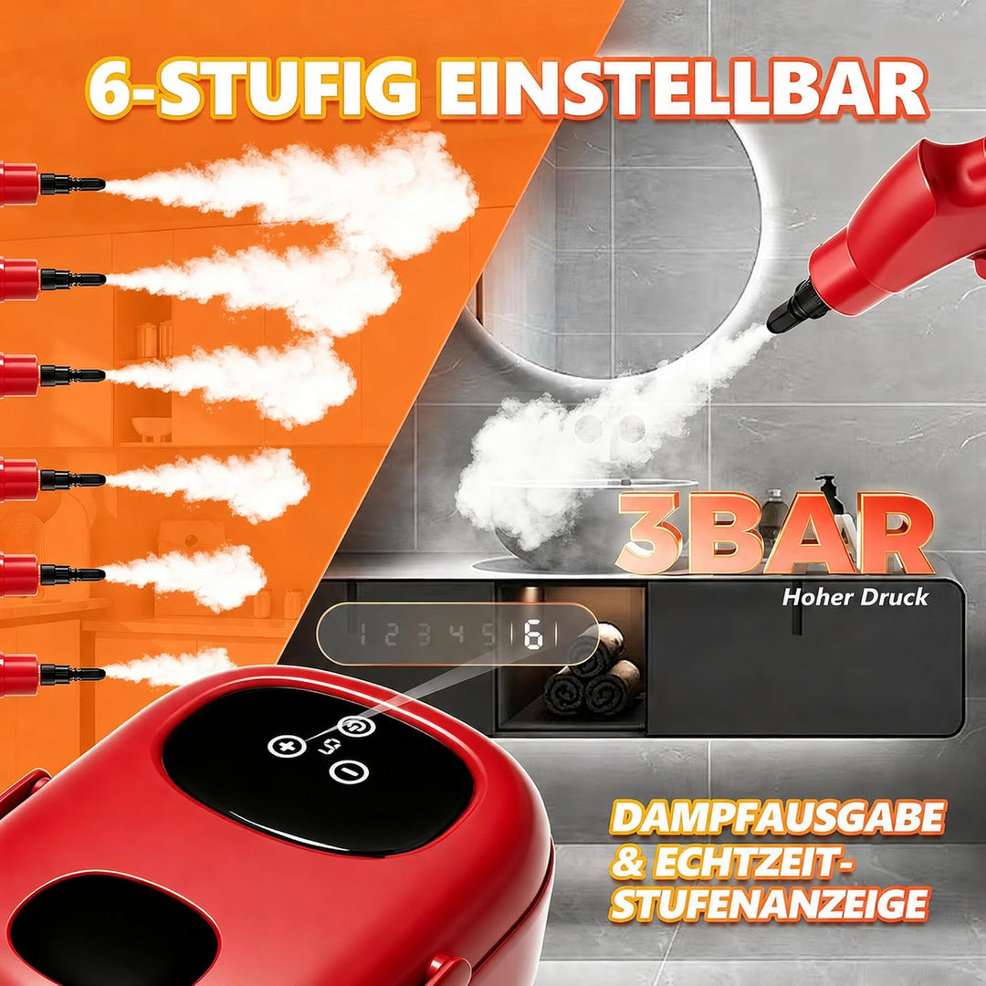 Dampfreiniger Handgerät, 15 Sekunden Aufheizzeit, 1,1L Wassertank, Rot, Rot