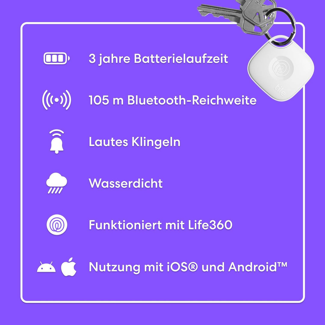 Tile by Life360 Mate - Bluetooth-Tracker, Schlüssel- und Gegenstandsfinder für Schlüssel, Taschen un