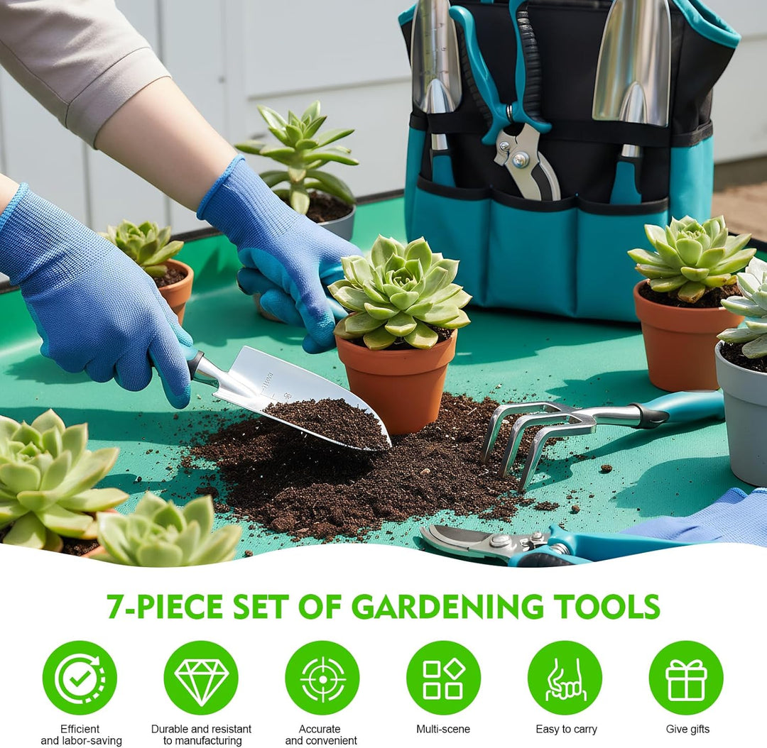 Gartenwerkzeug Set 7-teilig Mit Handschuhen Und Aufbewahrungstasche, Ergonomische rutschfeste Griffe
