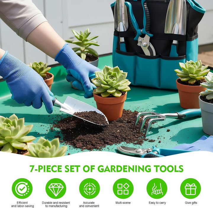 Gartenwerkzeug Set 7-teilig Mit Handschuhen Und Aufbewahrungstasche, Ergonomische rutschfeste Griffe