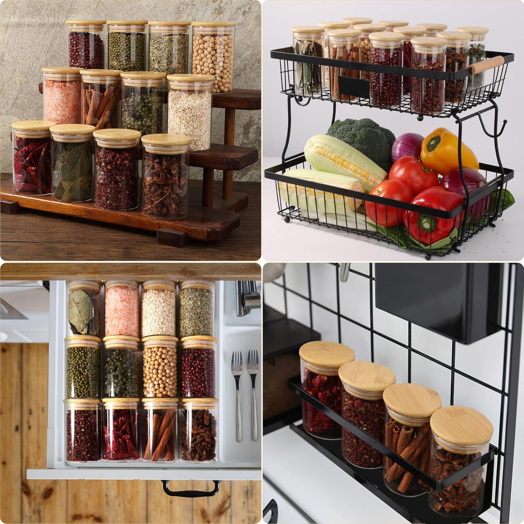 12 Stück Gewürzgläser Set mit Bambus Deckel, 250ml Gewürzdosen Set Glas, Gewürzbehälter SpiceJars, G