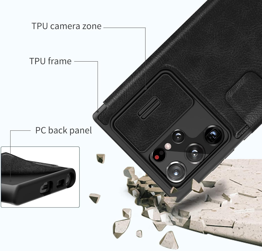 Nillkin Klappbar Hülle Kompatibel mit Samsung Galaxy S23 Ultra (6,8 Zoll), [Kameraschutz] PU Leder W