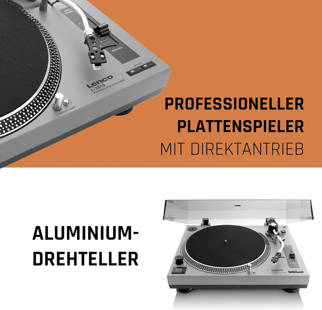 Lenco L-3810 Plattenspieler mit Direktantrieb - DJ Plattenspieler - 33/45 U/min - Pitch-Control - Ma