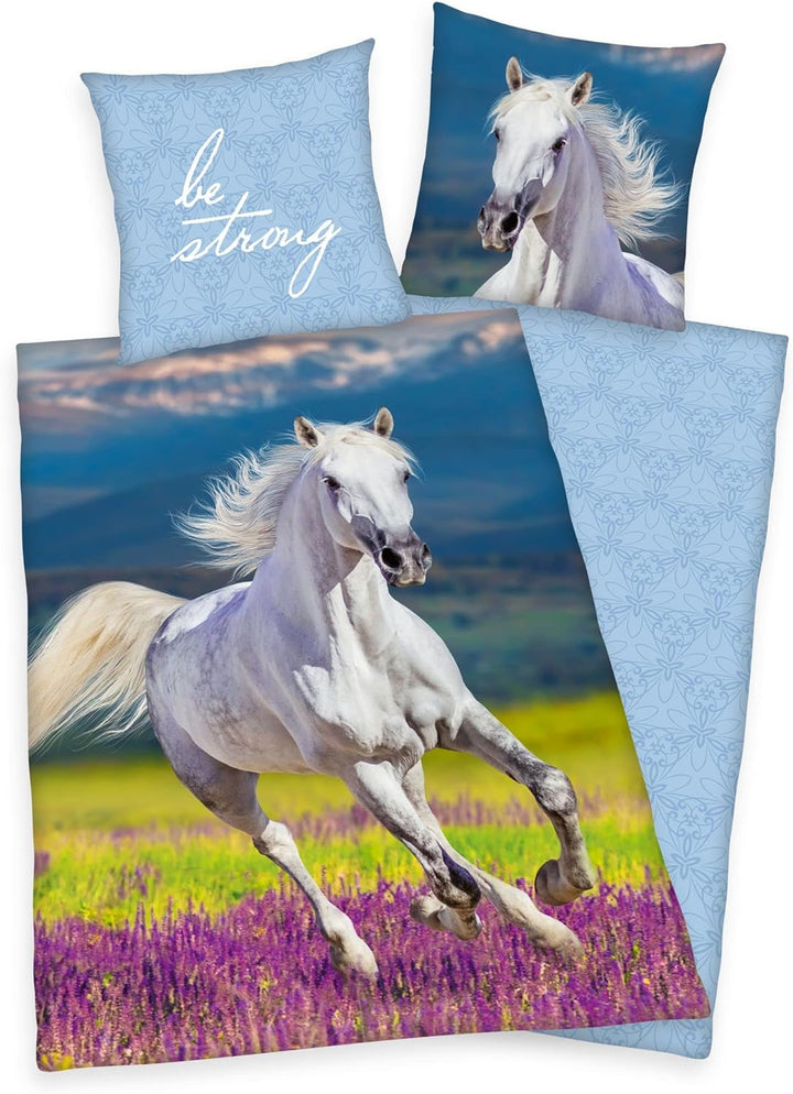 Klaus Herding Bettwäsche mit Pferd weiss 135 x 200 cm 80 x 80 cm, Mehrfarbig