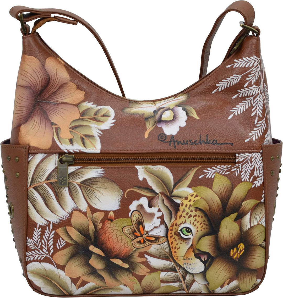 Anuschka Klassische Handbemalte Hobo Tasche aus echtem Leder mit beschlagenen Seitenfächern Cleopatr