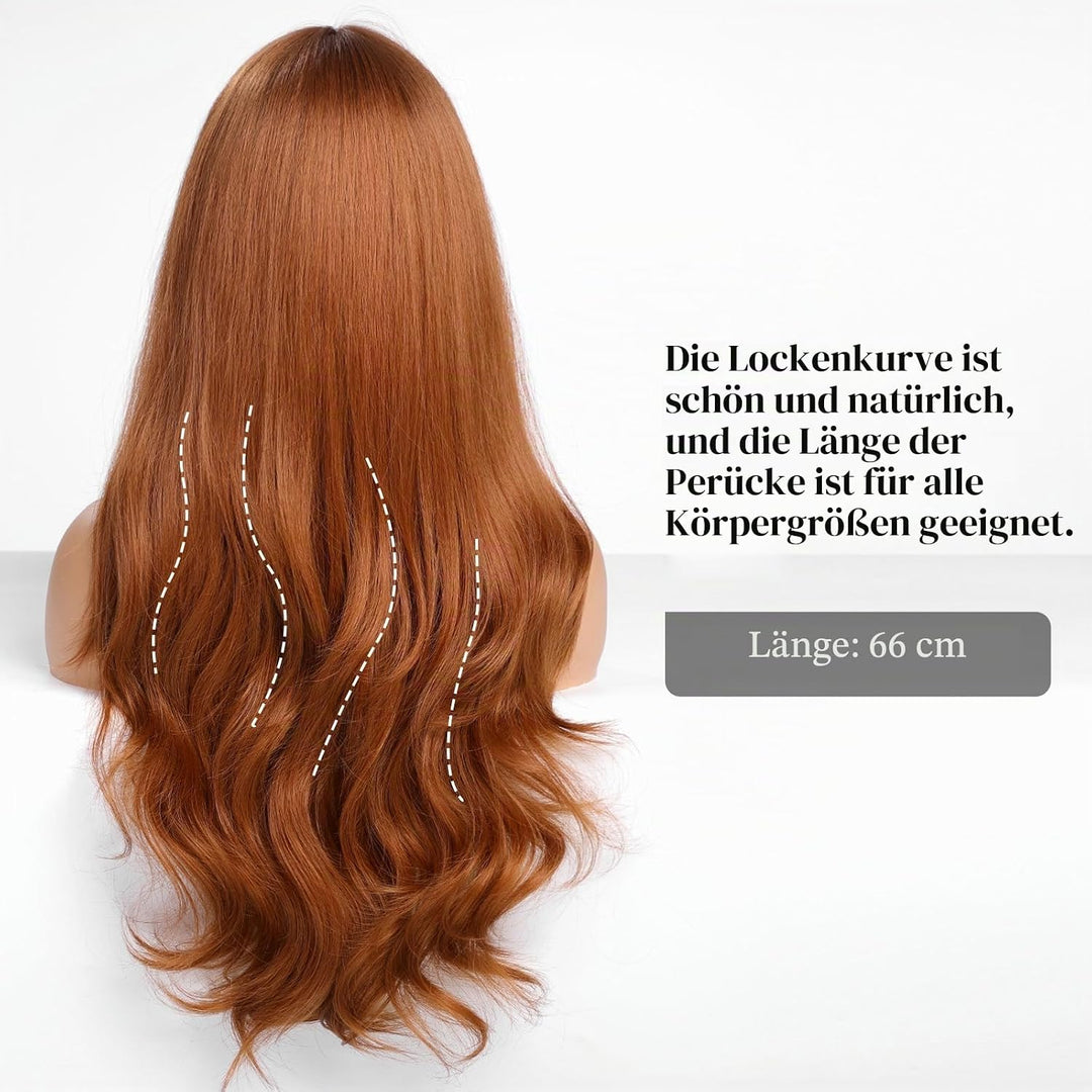 HAIRCUBE Auburn Perücke mit Bangs für Frauen Auburn Lange Wellen Haar Perücke Curly Wellen synthetis