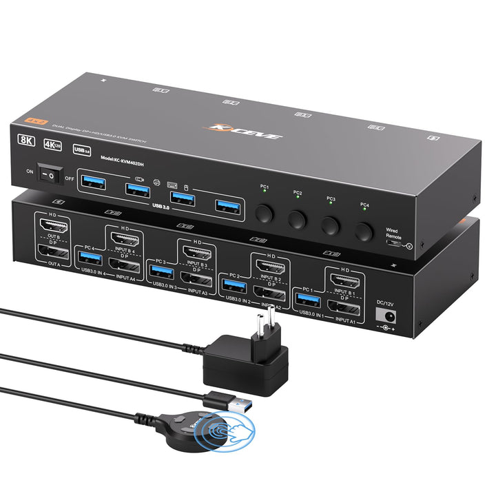 KVM Switch 2 Monitore 4 PC, USB 3.0 Displayport + HDMI KVM Umschalter für zwei Monitore, Unterstützt