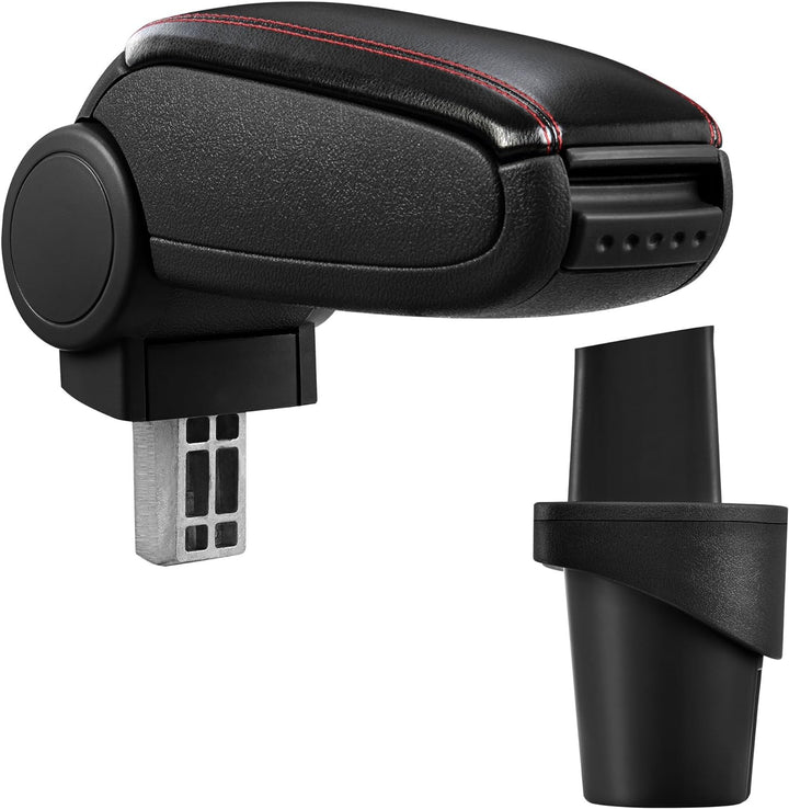 Mittelarmlehne Armauflage mit Staufach gepolstert schwarz Kunst Leder mit roten Nähten Schwarze rote