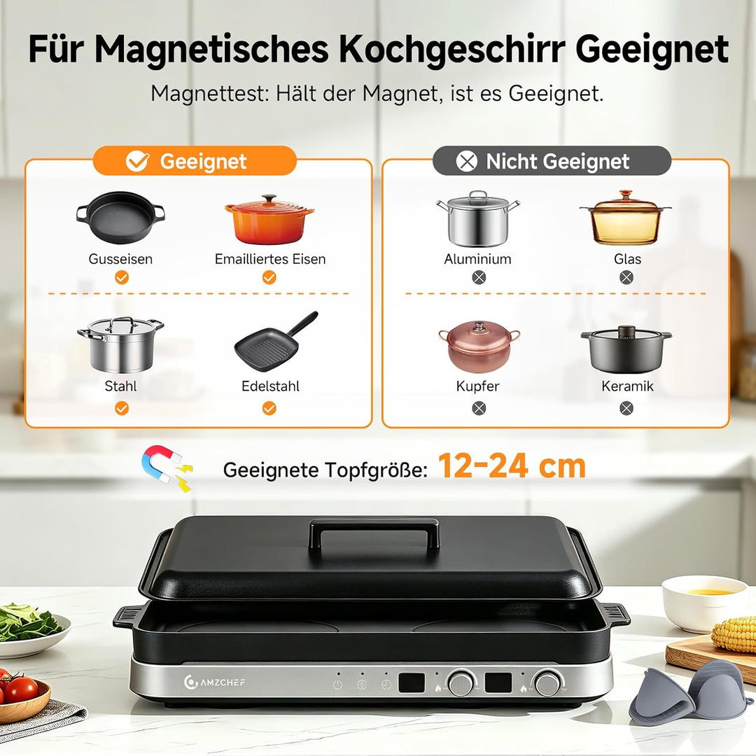 AMZCHEF 3000W Induktionskochfeld 2 Platten, Tragbares Doppelinduktionskochplatte mit Abnehmbarer Gri