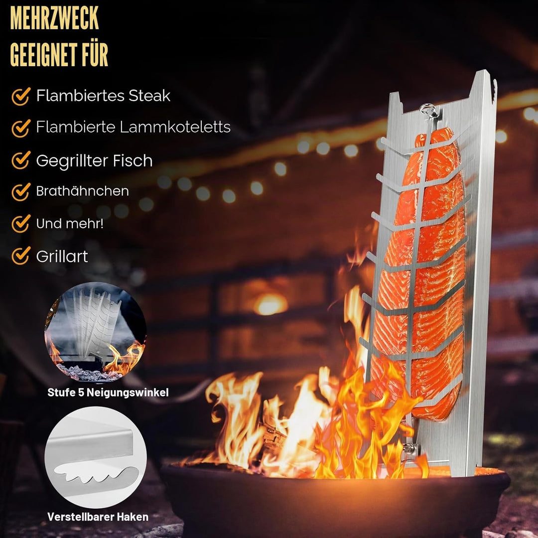 Flammlachsbrett aus Edelstahl – Verstellbare Halterung 59×16 cm für Flammlachs, Fisch & Fleisch – Ro