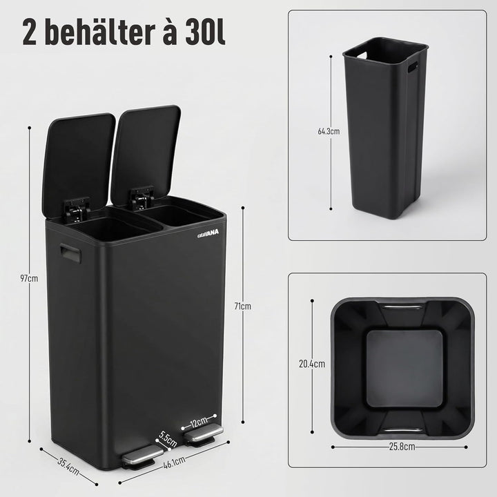 CATAVANA Mülleimer Küche Mülltrennung 2 x 30 Liter - Doppelfach 60 Liter - Moderner Recycling-Müllei