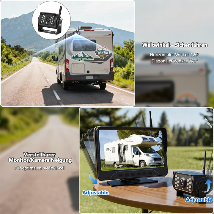 Digitales kabelloses Rückfahrkamera-Set VASTEND: 7'' Monitor mit 2 Rückfahrkameras, 14 Infrarot-LEDs