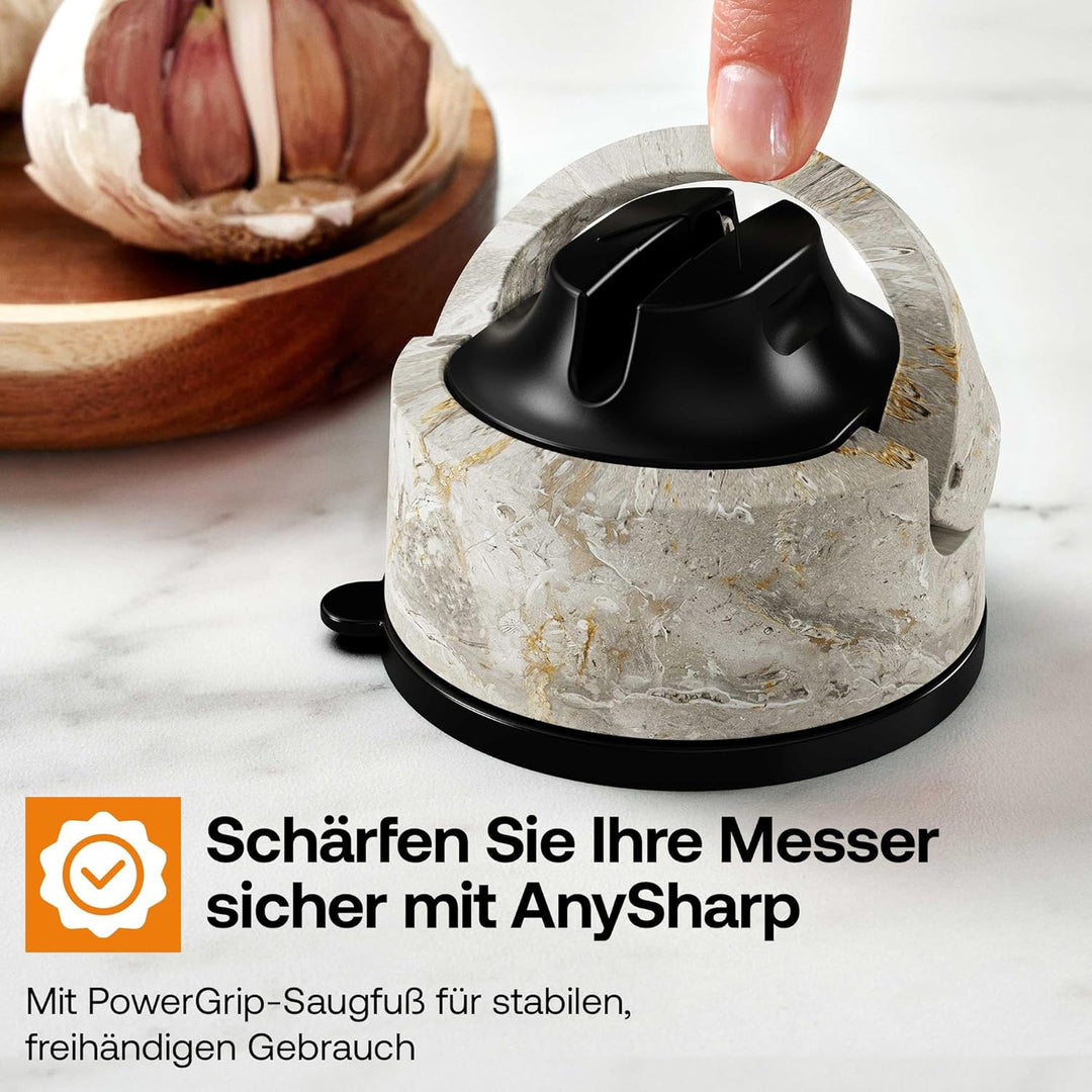 AnySharp Evo Messerschärfer, Freihändige Sicherheit, PowerGrip Saugnapf, Sicheres Schärfen aller Küc