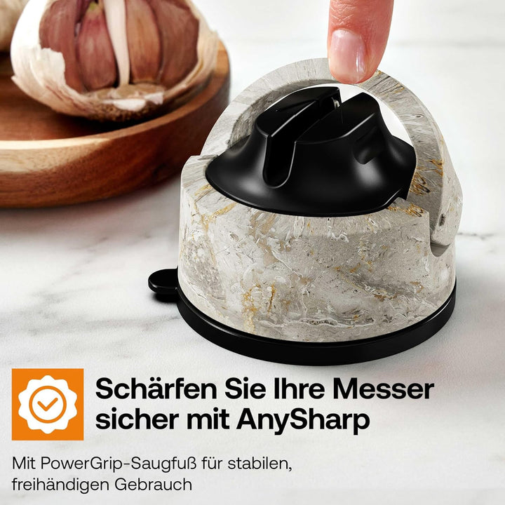 AnySharp Evo Messerschärfer, Freihändige Sicherheit, PowerGrip Saugnapf, Sicheres Schärfen aller Küc